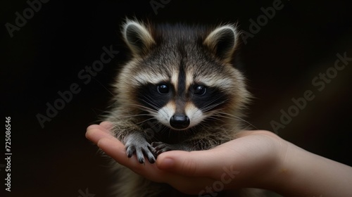  a close up of a person holding a small raccoon in their hand and looking at the camera with a serious look on their face.