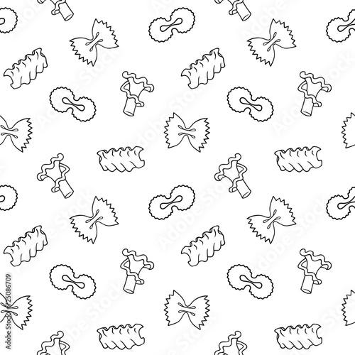 Doodle seamless pattern with farfalle, campanelle pasta illustrations. Hand drawn food ingredients on line art vector background. Italian cuisine elements for wrapping, packaging, print