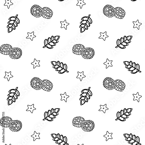 Doodle seamless pattern with stelle, ruote, farfalle pasta illustrations. Hand drawn food ingredients on line art vector background. Italian cuisine elements for wrapping, packaging, print