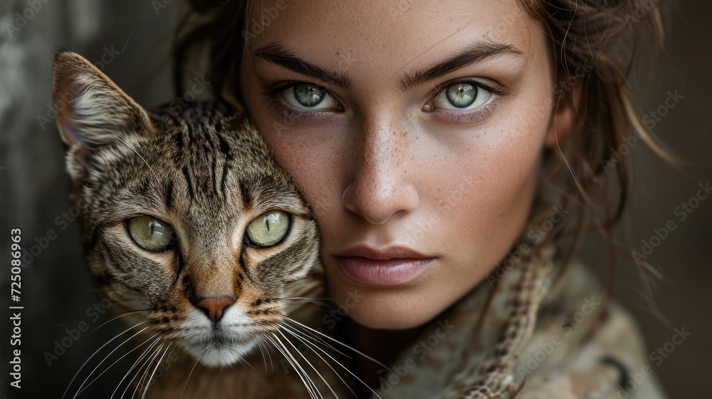  a close up of a woman with a cat on her shoulder and a cat on the shoulder of her shoulder.
