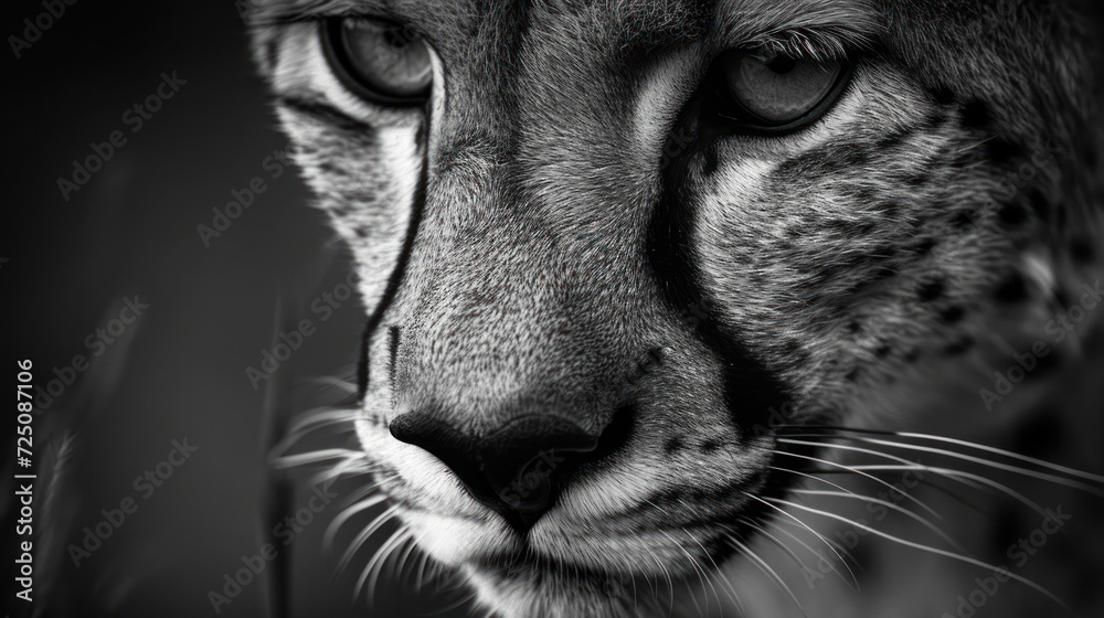  a close up of a cheetah's face with a black and white photo of the face of a cheetah.