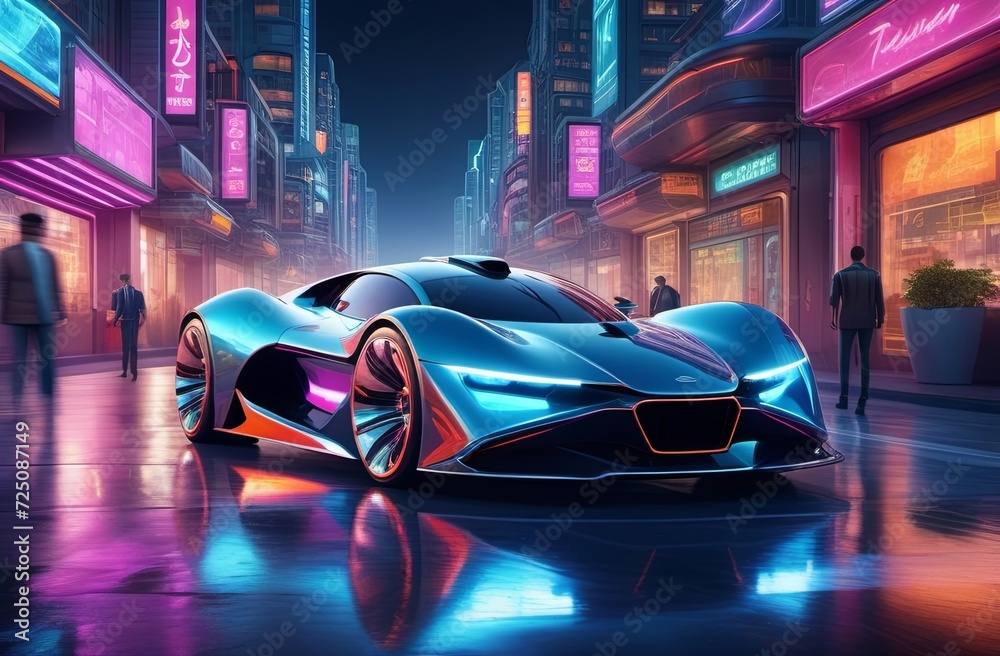 Futuristic car against the backdrop of bright city streets. Illustration by Generation AI.
