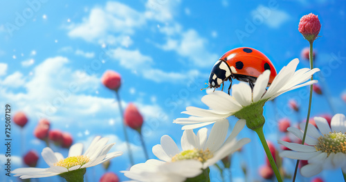 Close up macro shot of lady bug in spring. Amazing colors of nature.