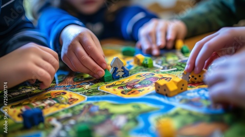Close up of children s hands playing a board game with intense focus and concentration © Ilja