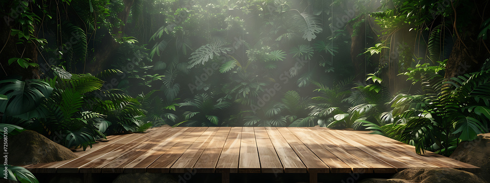 a wooden platform in the jungle with lush green plant - obrazy, fototapety, plakaty 