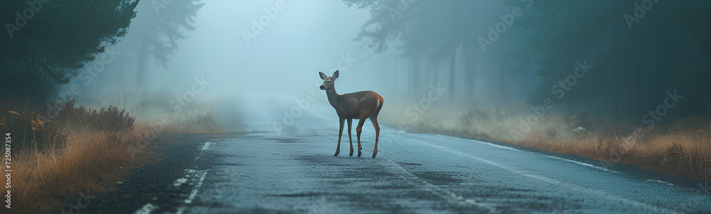 A wild deer in the middle of a road. A car behind.
 - obrazy, fototapety, plakaty 
