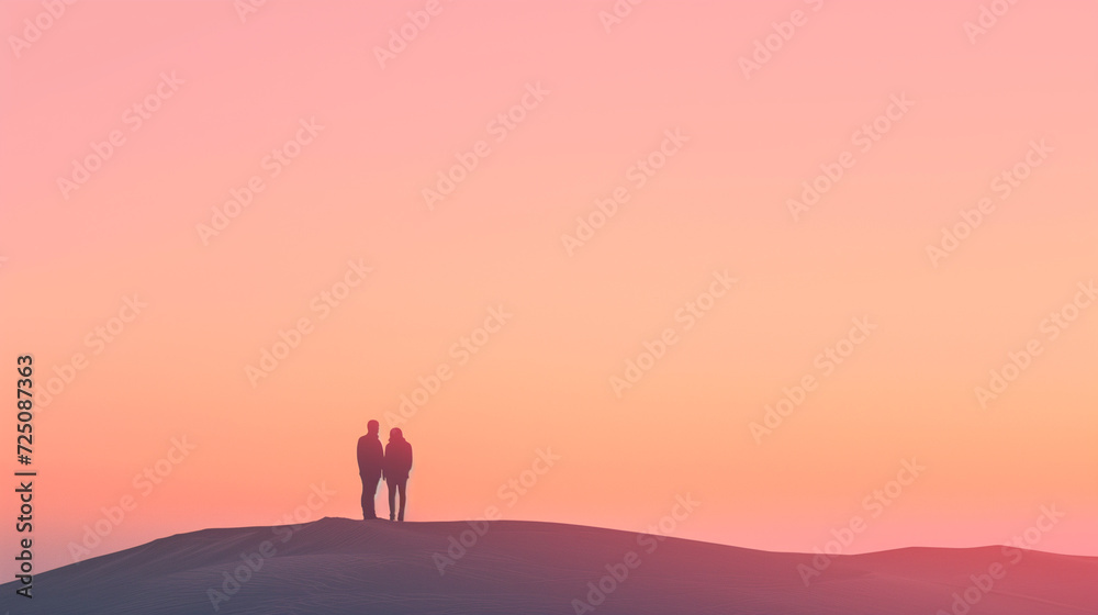 Silhouette of a loving couple standing in the desert at sunset