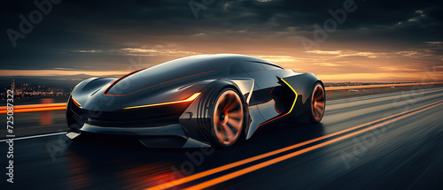 the futuristic electric car concept car driving along a city road at night time, in the style of vray tracing © Koray