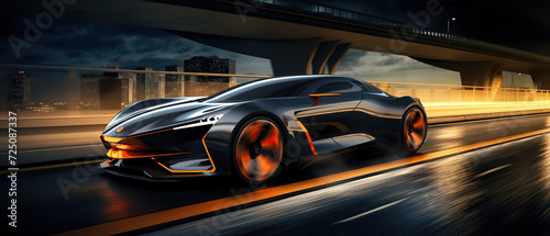 the futuristic electric car concept car driving along a city road at night time, in the style of vray tracing