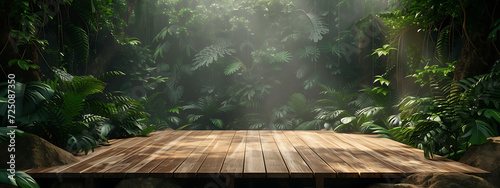 a wooden platform in the jungle with lush green plant