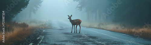 A wild deer in the middle of a road. A car behind.
