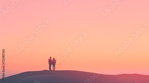 Silhouette of a loving couple standing in the desert at sunset