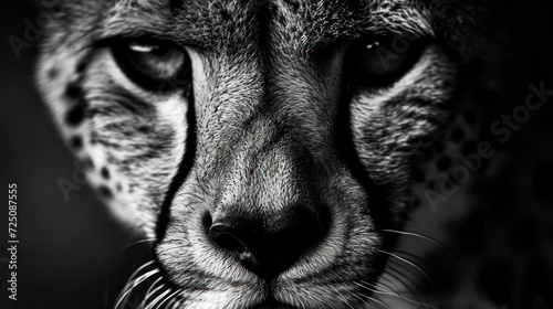  a close up of a cheetah's face with a black and white photo of it's face. photo