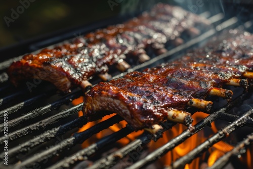Flavorful ribs sizzle on a charcoal grill, infusing the air with the essence of smoky barbecue and the anticipation of a mouthwatering meal photo