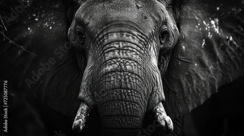  a black and white photo of an elephant s head and tusks and tusks are visible.