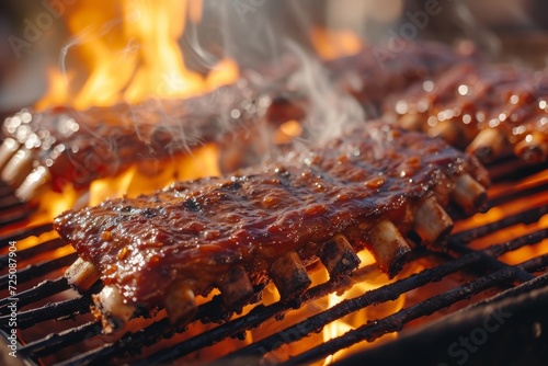 Flames dance over a sizzling feast of succulent ribs, roasting to perfection on a churrasco grill in a mouth-watering display of smoky street food