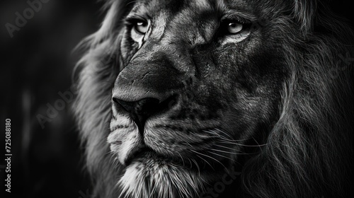  a close up of a lion's face with a black and white photo of the lion's face.