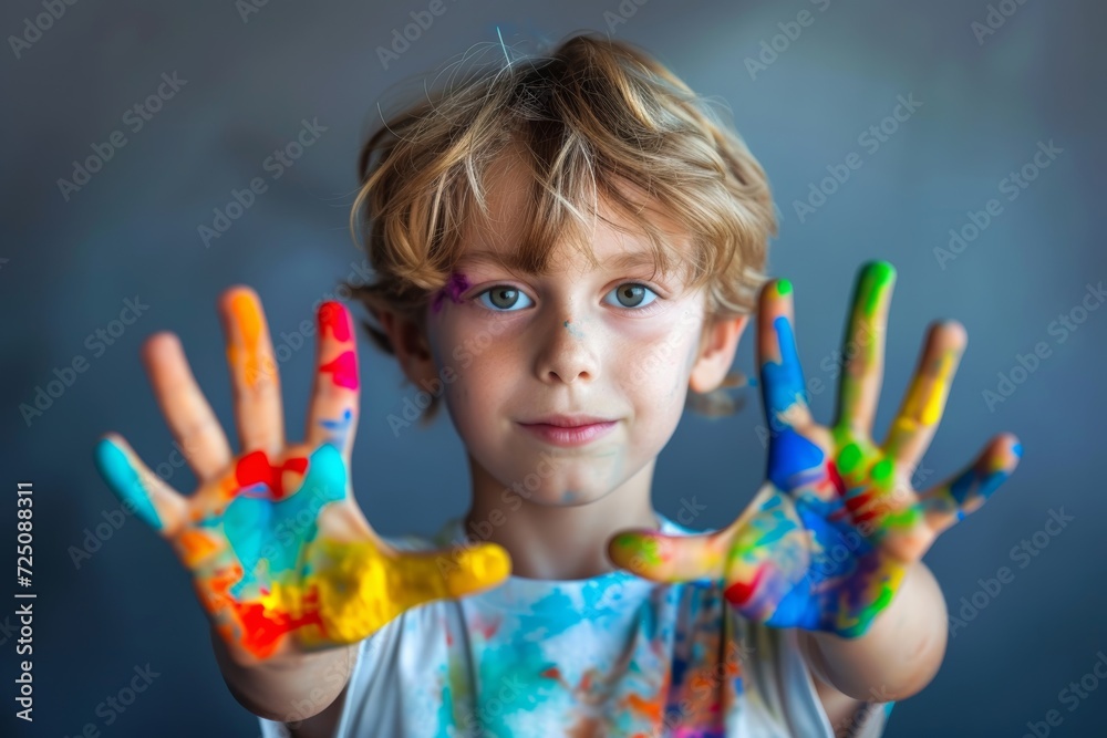 A curious young boy's hands, adorned with colorful paint, hold onto his own portrait, capturing the innocence and wonder of childhood in an indoor setting A curious young boy's hands, adorned with colorful paint, hold onto his own portrait, capturing the innocence and wonder of childhood in an indoor setting