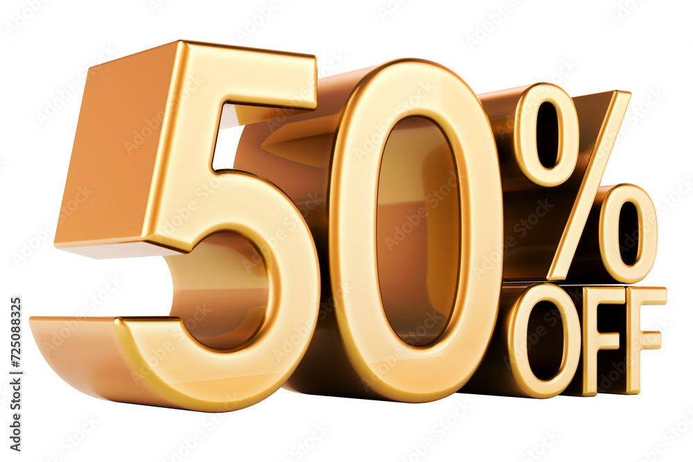 50 percent discount. Golden 50 percent off, text. Discount and sale, concept. 3D rendering isolated on transparent background 50 percent discount. Golden 50 percent off, text. Discount and sale, concept. 3D rendering isolated on transparent background