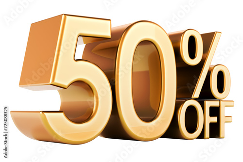 50 percent discount. Golden 50 percent off, text. Discount and sale, concept. 3D rendering isolated on transparent background