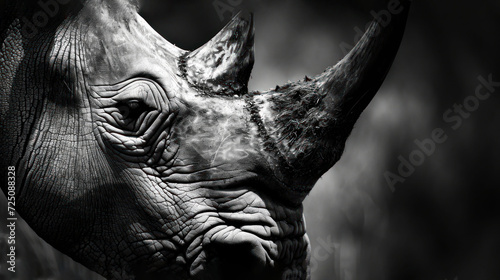  a close up of a rhino's face with a black and white photo of the rhino's face. photo