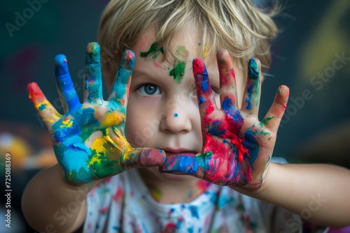 An innocent toddler's hands become a canvas for self-expression as she explores the colorful world around her in an outdoor portrait