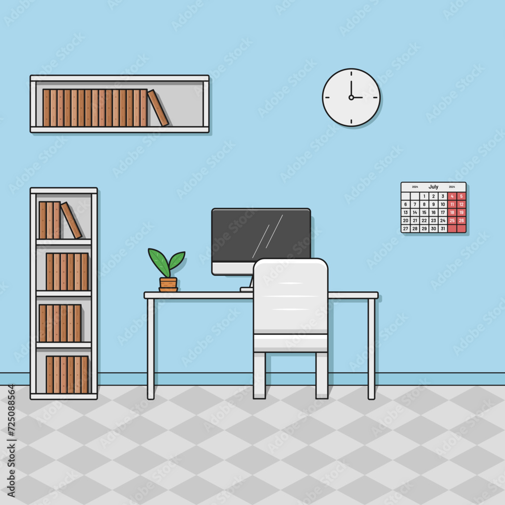 cartoon style room home office with table desktop bookshelf vector flat illustration cartoon style room home office with table desktop bookshelf vector flat illustration