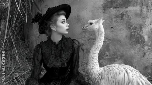  a black and white photo of a woman in a hat and an ostrich in front of a wall.