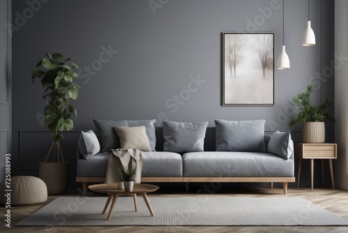 grey sofa with a Scandinavian flair. walls that are blue and have copy space. minimal in scope. digital representation