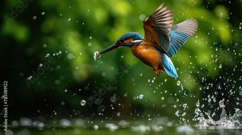  a blue and orange bird with a fish in it's mouth is flying over a body of water with trees in the background.