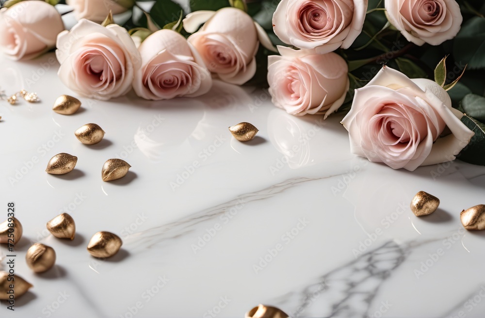 Pink roses on the marble surface. Valentine's Day. Gift postcard. Illustration by Generative AI. Pink roses on the marble surface. Valentine's Day. Gift postcard. Illustration by Generative AI.