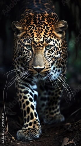  a close up of a leopard on a dirt ground with trees in the background and a blurry image of it's face.