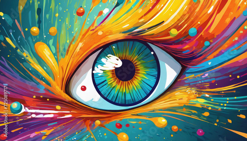 colorful eye with splashing color in flat 2d cartoon style photo