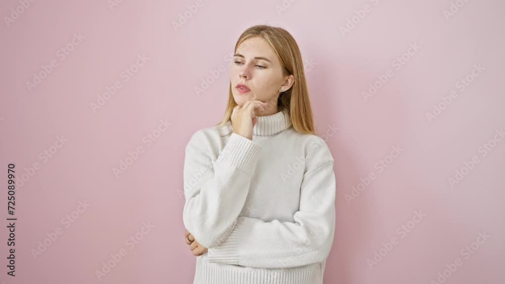 Beautiful blonde girl pondering over question, hand on chin, thoughtful look doubting on pink isolated background Beautiful blonde girl pondering over question, hand on chin, thoughtful look doubting on pink isolated background