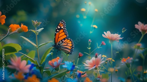 blue background with butterfly perched on flowers