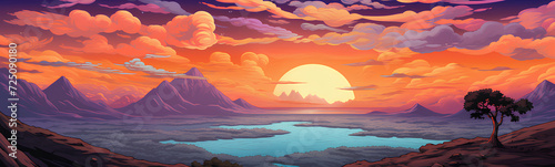 Landscape with comic style. Sunset. Sunrise. © Moon Project