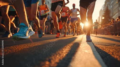 A diverse group of individuals, donning their athletic footwear and outdoor clothing, dash down the street in unison, their feet pounding against the pavement as they embrace the exhilaration of runn photo