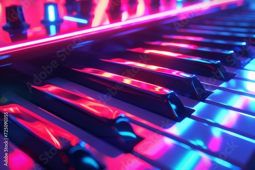 A vibrant symphony of magenta and violet hues dance upon the indoor piano keyboard, radiating with the passionate melodies of music photo