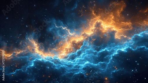  a computer generated image of a bright blue and yellow cloud in the night sky with stars in the night sky.