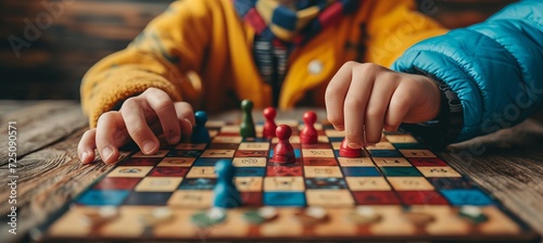 Vibrant close up of kids  hands absorbed in a board game with space for text placement photo