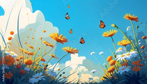 Orange and white wild flowers with butterflies in fields  beautiful cloudy sky cartoon illustration background 