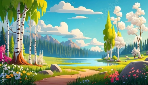 Landscape with lake and forest  birch trees and colorful wild flowers  cartoon illustration background 