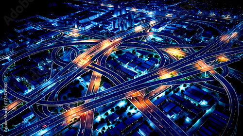 Aerial view of city intersection at night with multiple lanes of traffic.