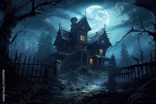 Gothic Haunted House with Full Moon Background © spyrakot