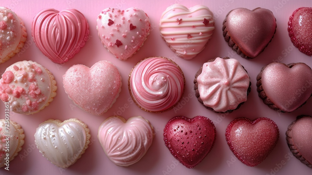 a bunch of heart shaped cookies on a pink surface with pink and white icing on them and pink and white frosting on them. a bunch of heart shaped cookies on a pink surface with pink and white icing on them and pink and white frosting on them.