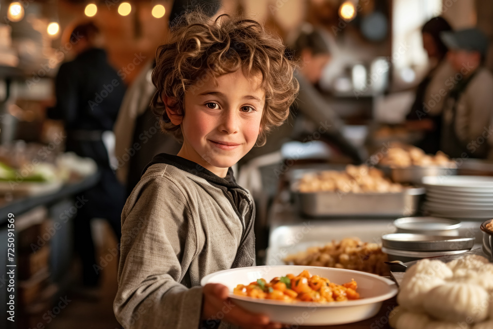 Young, positive, caucasian boy in homeless shelter receives help, volunteers distribute food in canteen, social problems, children on street Young, positive, caucasian boy in homeless shelter receives help, volunteers distribute food in canteen, social problems, children on street