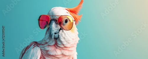 Stylish, quirky cockatoo parrot in sunglasses on blue background with copy space. Bright banner that creates desire for vacation and travel photo