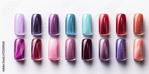Variety of different multi-colored nail polish samples, examples of coloring