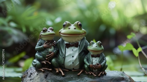 Family photo taken by the frog family in their dark green suits © xelilinatiq