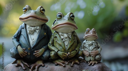 Family photo taken by the frog family in their dark green suits